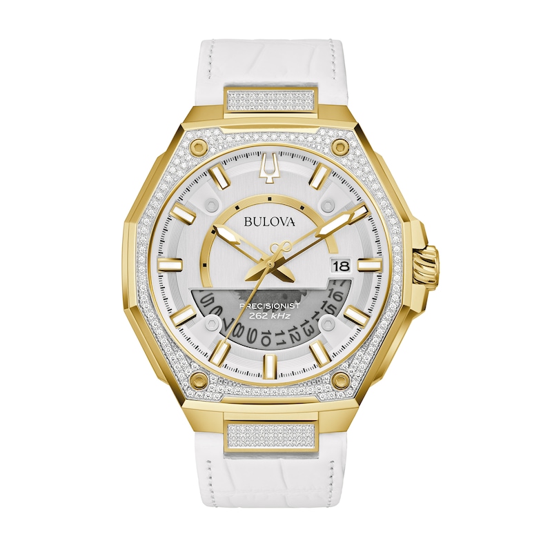 Main Image 1 of Men's Bulova Precisionist 3/4 CT. T.W. Diamond Gold-Tone White Leather Strap Watch (Model: 98J119)