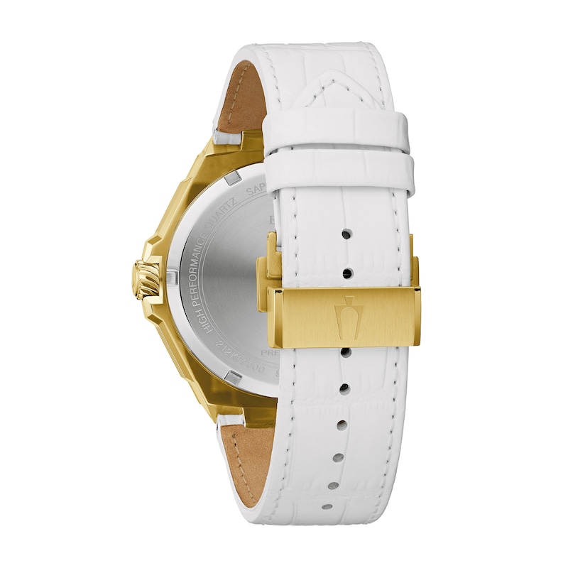 Main Image 3 of Men's Bulova Precisionist 3/4 CT. T.W. Diamond Gold-Tone White Leather Strap Watch (Model: 98J119)