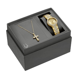 Ladies' Bulova Crystal Gold-Tone Watch with Champagne Dial and Cross Pendant Box Set (Model: 98X133)