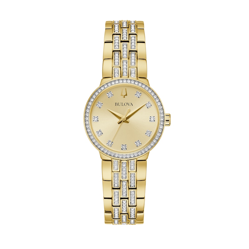 Ladies' Bulova Crystal Gold-Tone Watch with Champagne Dial and Cross ...