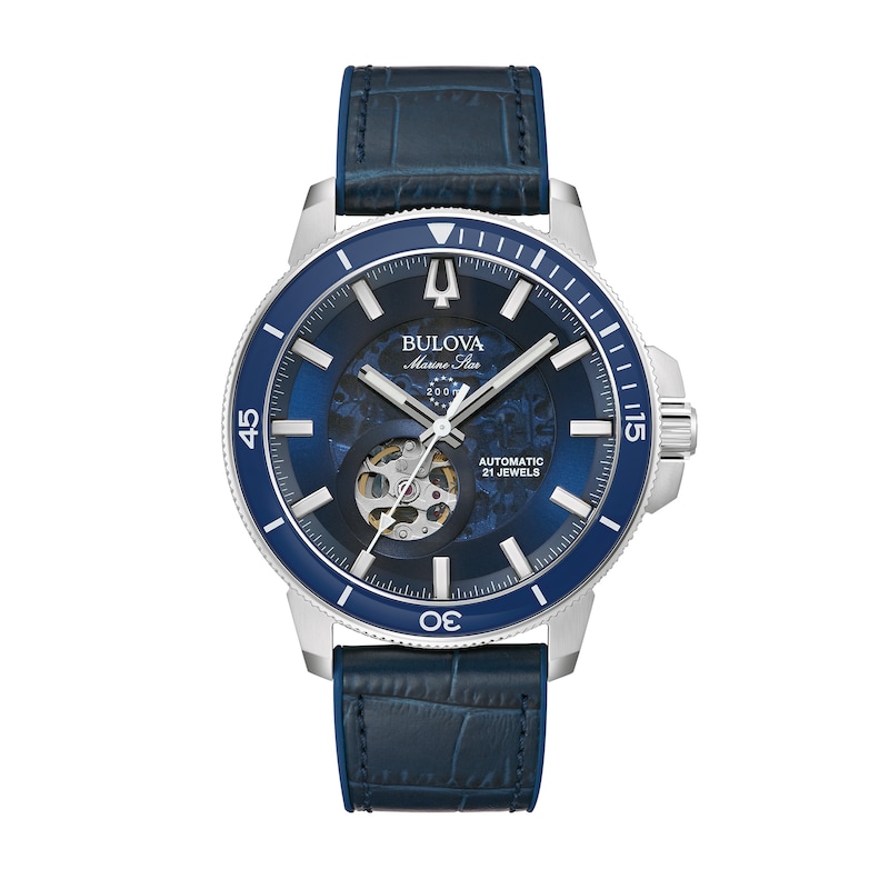 Men's Bulova Marine Star Automatic Blue Leather Strap Watch with Blue Skeleton Dial (Model: 96A291)