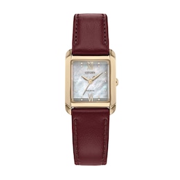 Ladies' Citizen Eco-Drive® Bianca Gold-Tone Red Leather Strap Watch with Square Mother-of-Pearl Dial (Model: EW5593-05D)