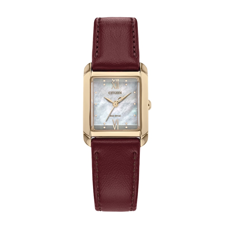 Main Image 1 of Ladies' Citizen Eco-Drive® Bianca Gold-Tone Red Leather Strap Watch with Square Mother-of-Pearl Dial (Model: EW5593-05D)