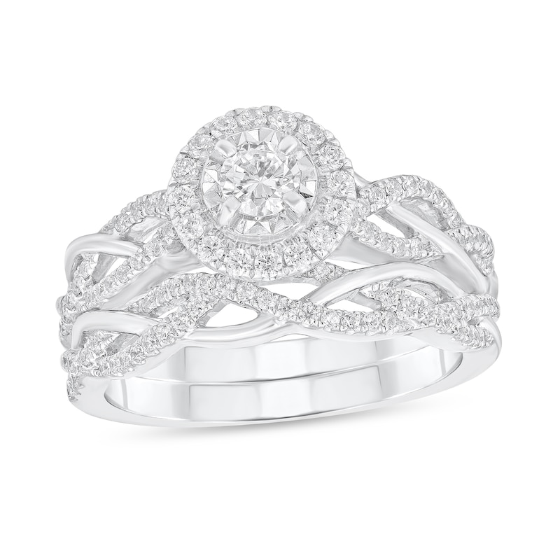 Main Image 1 of 3/4 CT. T.W. Diamond Frame Twist Shank Bridal Set in 14K White Gold