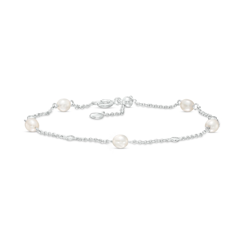 Main Image 1 of Freshwater Cultured Pearl and White Lab-Created Sapphire Alternating Station Sliding Anklet in Sterling Silver-10&quot;