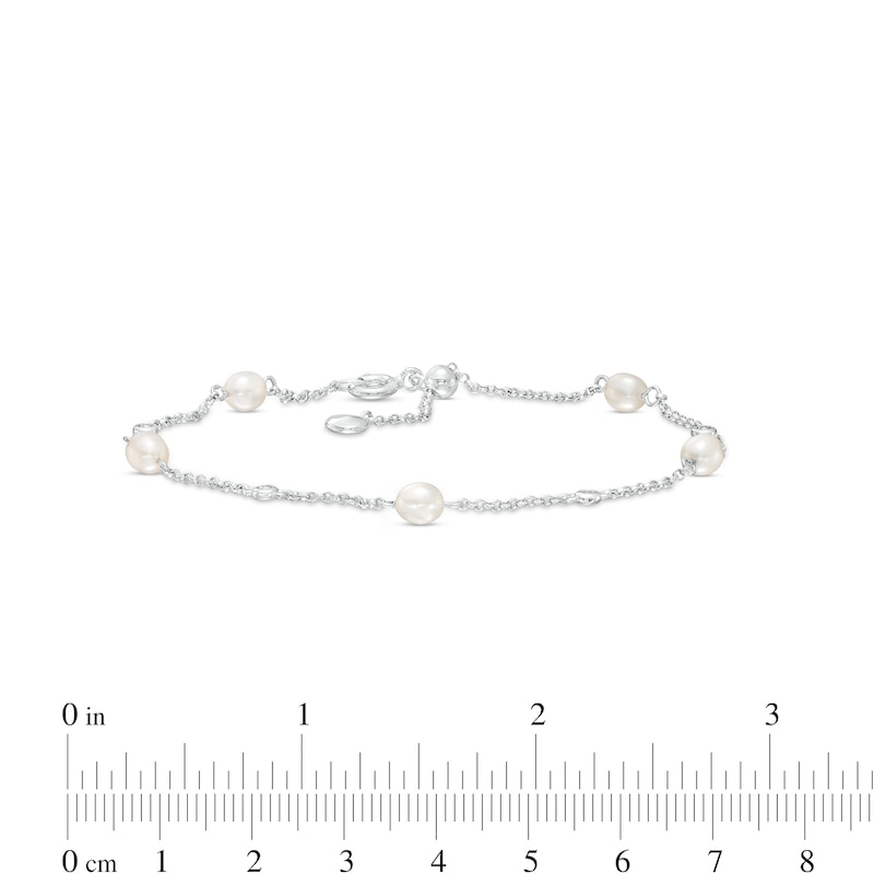 Main Image 3 of Freshwater Cultured Pearl and White Lab-Created Sapphire Alternating Station Sliding Anklet in Sterling Silver-10&quot;