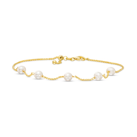 5.5-6.0mm Cultured Freshwater Pearl Station Sliding Anklet In Sterling Silver With 18K Gold Plate - 10