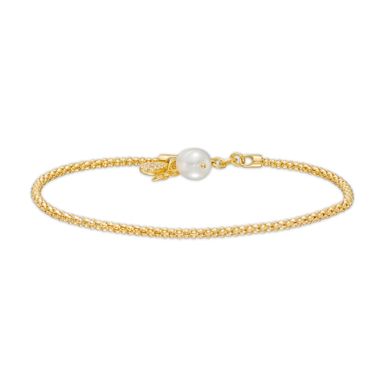 Cultured Freshwater Pearl and White Lab-Created Sapphire Anklet in Sterling Silver with 18K Gold Plate-10"