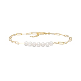 5.5-6.0mm Freshwater Cultured Pearl Seven Stone Paper Clip Anklet in Sterling Silver with 18K Gold Plate-10&quot;