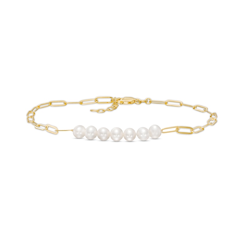 Main Image 1 of 5.5-6.0mm Freshwater Cultured Pearl Seven Stone Paper Clip Anklet in Sterling Silver with 18K Gold Plate-10&quot;