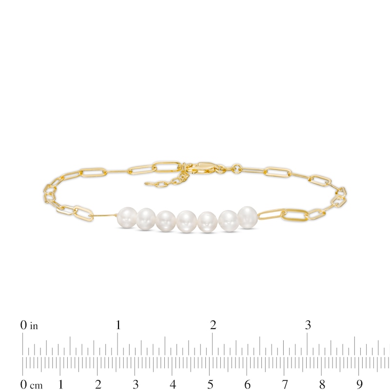 Main Image 3 of 5.5-6.0mm Freshwater Cultured Pearl Seven Stone Paper Clip Anklet in Sterling Silver with 18K Gold Plate-10&quot;