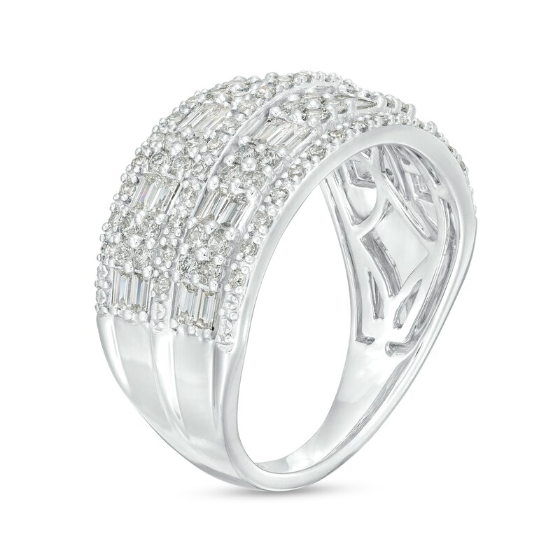 Main Image 3 of 1 CT. T.W. Baguette and Round Diamond Multi-Row Anniversary Band in 10K White Gold