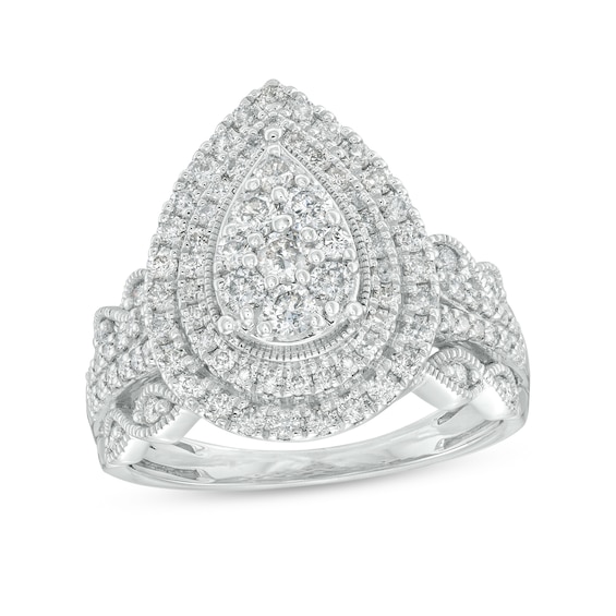 2 Ct. T.W. Pear-Shaped Multi-Diamond Double Frame Multi-Row Vintage-Style Engagement Ring in 10K White Gold (J/I3)