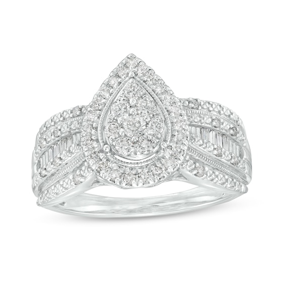 1/2 CT. T.W. Pear-Shaped Multi-Diamond Frame Multi-Row Engagement Vintage-Style Ring In 10K White Gold (J/I3)