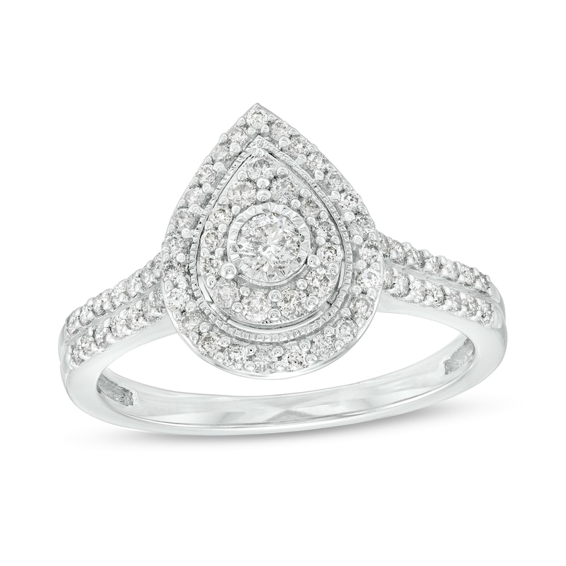 Main Image 1 of 1/2 CT. T.W. Diamond Double Pear-Shaped Frame Multi-Row Vintage-Style Engagement Ring in 10K White Gold (J/I3)