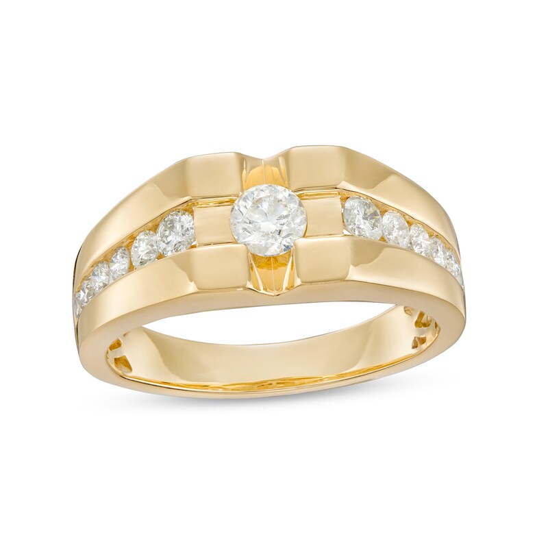 Main Image 1 of Men's 1 CT. T.W. Diamond Channel-Set Graduated Sides Ring in 10K Gold