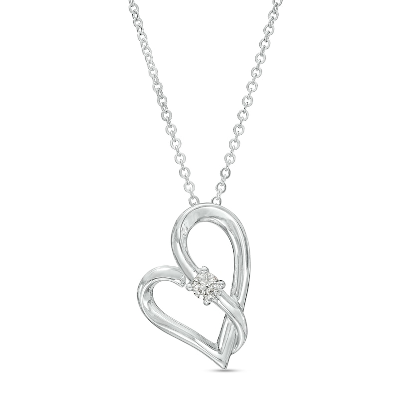 Main Image 1 of Two in Love 1/10 CT. Diamond Solitaire Crossover Ribbon Tilted Loop Heart Pendant in 10K White Gold – 19&quot;