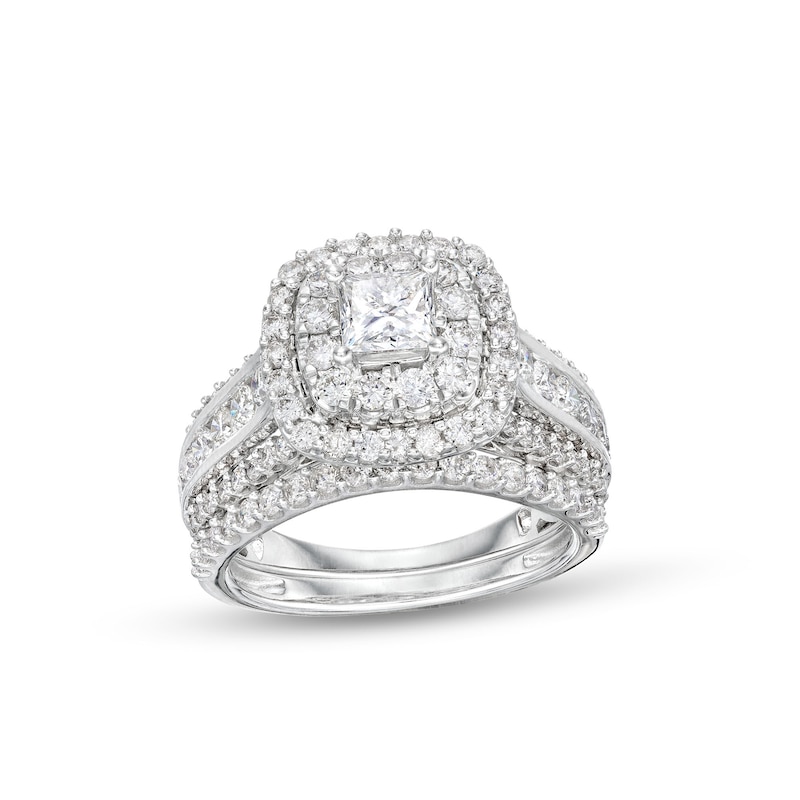 Main Image 1 of 2 CT. T.W. Princess-Cut Diamond Cushion Frame Triple Row Bridal Set in 14K White Gold (I/I2)