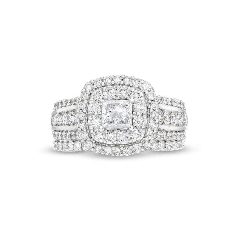 Main Image 4 of 2 CT. T.W. Princess-Cut Diamond Cushion Frame Triple Row Bridal Set in 14K White Gold (I/I2)