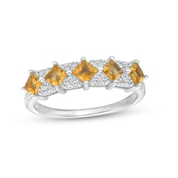 3.0mm Princess-Cut Citrine and White Lab-Created Sapphire Five Stone Band in Sterling Silver