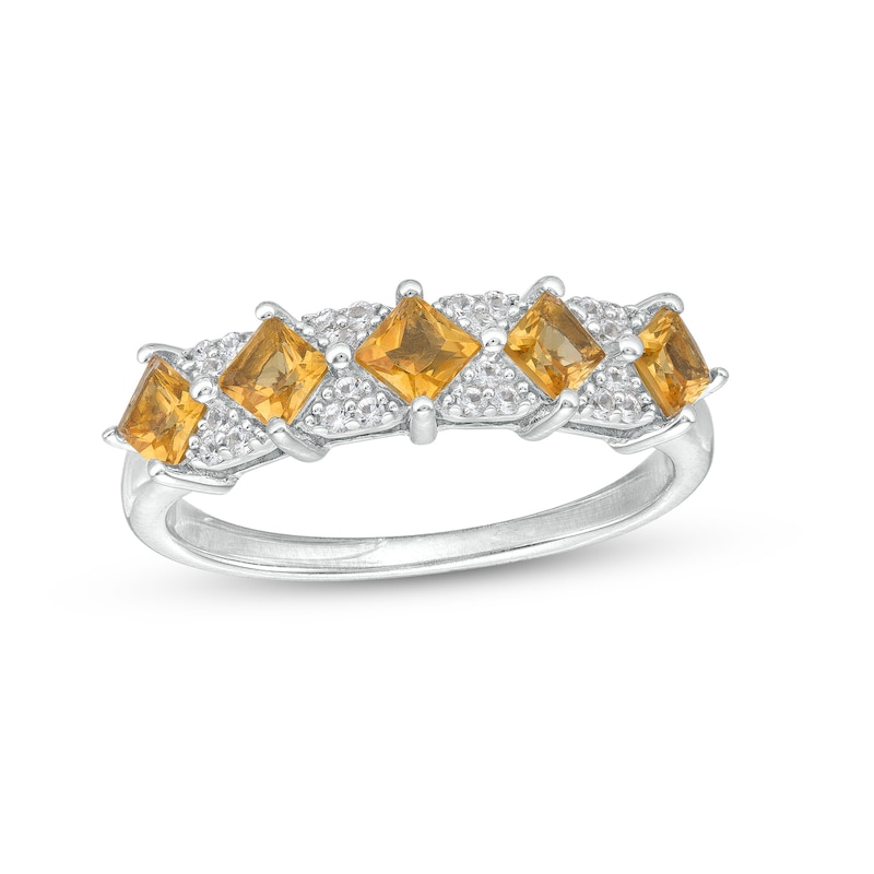 Main Image 1 of 3.0mm Princess-Cut Citrine and White Lab-Created Sapphire Five Stone Band in Sterling Silver