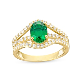 Oval Lab-Created Emerald and White Lab-Created Sapphire Triple Row Ring in Sterling Silver with 10K Gold Plate – Size 7