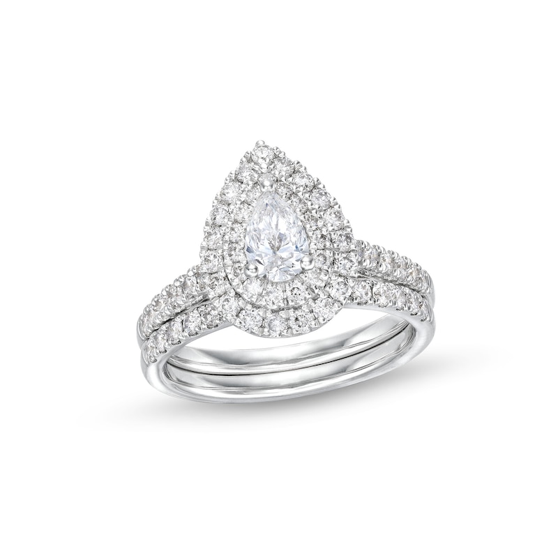 Main Image 1 of 1-1/2 CT. T.W. Pear-Shaped Diamond Frame Bridal Set in 14K White Gold (I/I1)