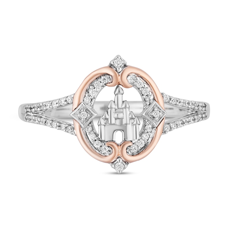 Enchanted Disney Princess 1/6 CT. T.W. Diamond Frame Split Shank Castle  Ring in Sterling Silver and 10K Rose Gold