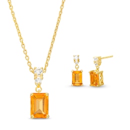 Emerald-Cut Citrine and White Lab-Created Sapphire Pendant and Stud Earrings Set in Sterling Silver with 10K Gold Plate