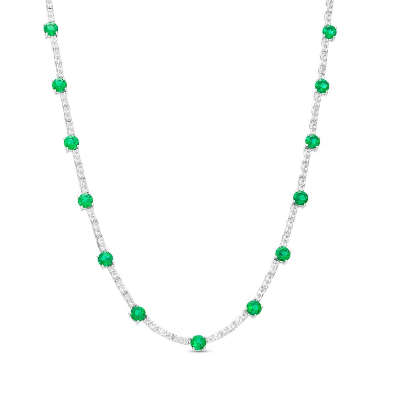 Main Image 1 of 5.0mm Lab-Created Emerald and White Lab-Created Sapphire Alternating Necklace in Sterling Silver