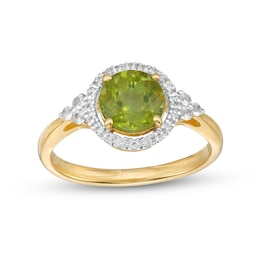 7.0mm Peridot and White Lab-Created Sapphire Frame Tri-Sides Ring in Sterling Silver with 14K Gold Plate – Size 7