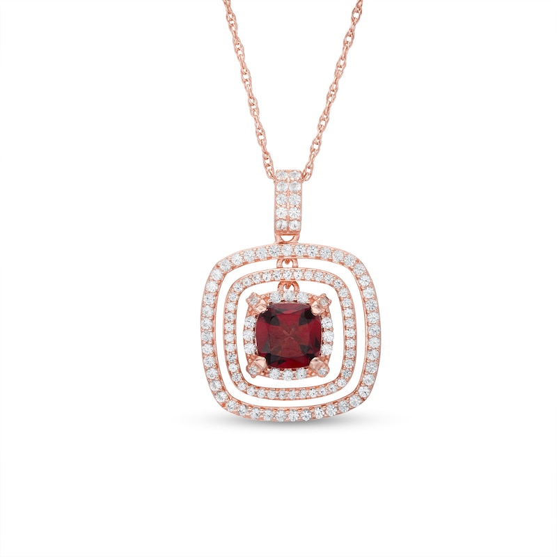 7.0mm Cushion-Cut Garnet and White Lab-Created Sapphire Open Frame Pendant in Sterling Silver with 18K Rose Gold Plate