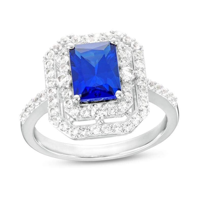 Main Image 1 of Radiant-Cut Blue and White Lab-Created Sapphire Double Frame Ring in Sterling Silver