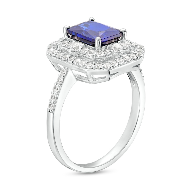 Main Image 3 of Radiant-Cut Blue and White Lab-Created Sapphire Double Frame Ring in Sterling Silver