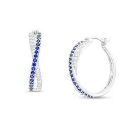 Blue and White Lab-Created Sapphire Twist Hoop Earrings in Sterling Silver
