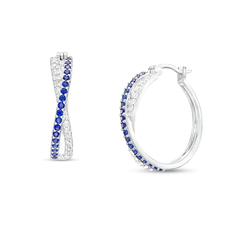 Blue and White Lab-Created Sapphire Twist Hoop Earrings in Sterling Silver