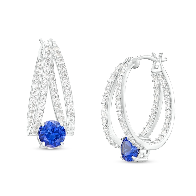 6.0mm Blue and White Lab-Created Sapphire Split Hoop Earrings in Sterling Silver