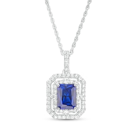 Radiant-Cut Blue and White Lab-Created Sapphire Double Frame Pendant in Sterling Silver