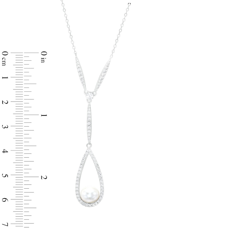 Main Image 3 of 8.0mm Freshwater Cultured Pearl and White Lab-Created Sapphire Teardrop &quot;Y&quot; Necklace in Sterling Silver