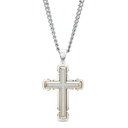 Men's 1/4 CT. T.W. Diamond Gothic Cross Pendant in Stainless Steel with Yellow Ion Plate – 24&quot;