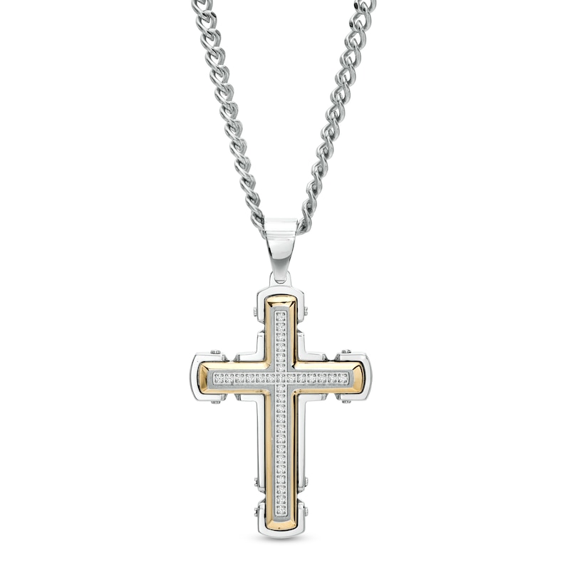 Main Image 1 of Men's 1/4 CT. T.W. Diamond Gothic Cross Pendant in Stainless Steel with Yellow Ion Plate – 24&quot;