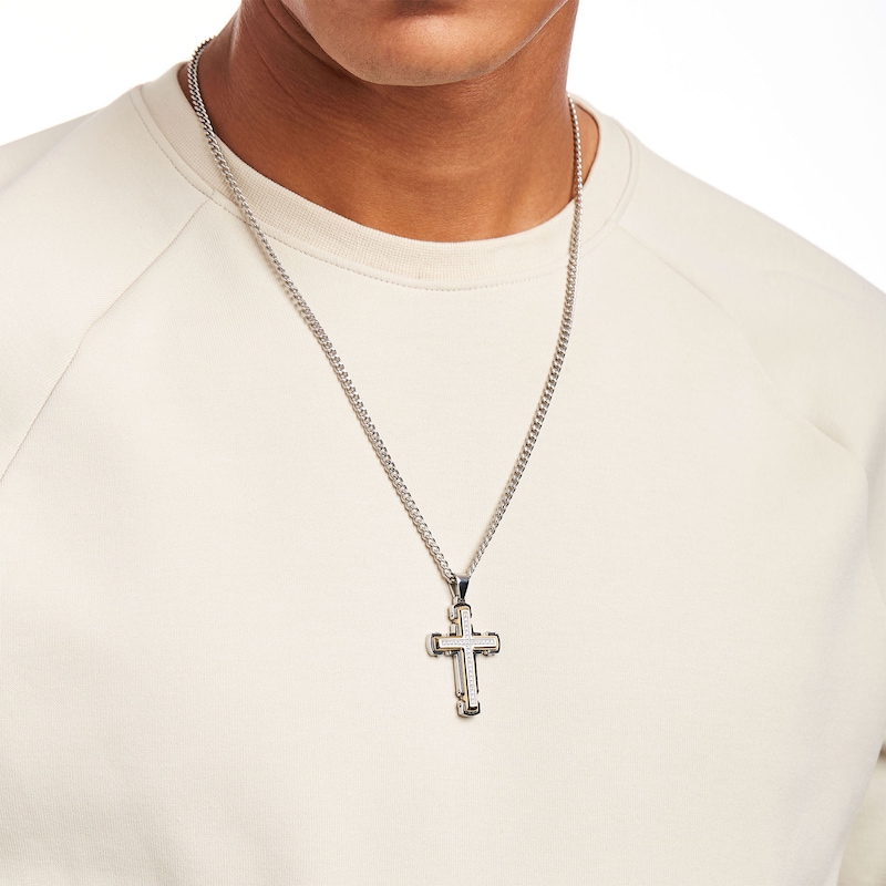 Main Image 2 of Men's 1/4 CT. T.W. Diamond Gothic Cross Pendant in Stainless Steel with Yellow Ion Plate – 24&quot;