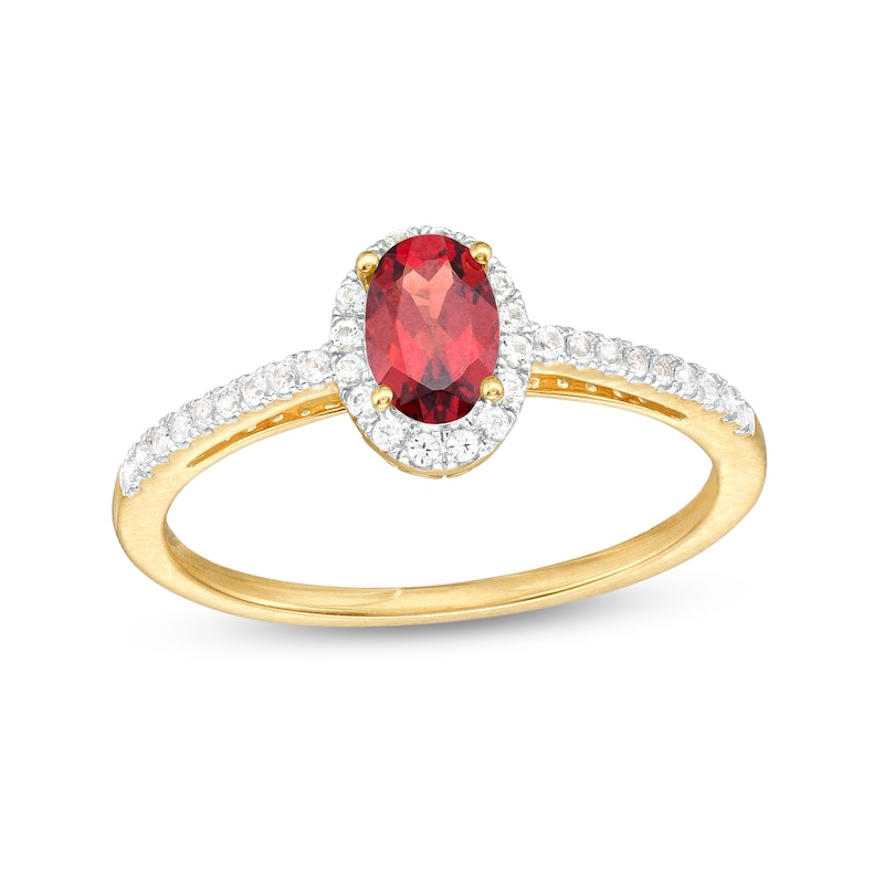 Main Image 1 of Oval Garnet and White Lab-Created Sapphire Frame Ring in 10K Gold