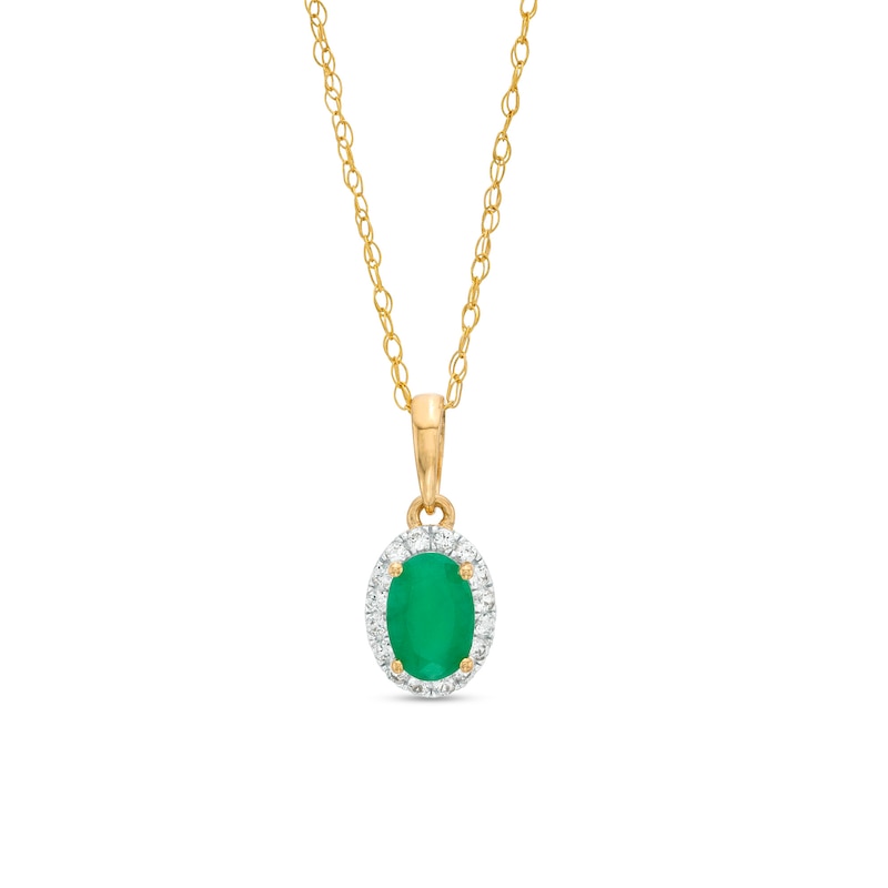 Main Image 1 of Oval Emerald and White Lab-Created Sapphire Frame Pendant in 10K Gold