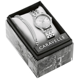 Ladies' Caravelle by Bulova Crystal Accent Watch with Silver-Tone Dial and Bracelet Box Set (Model: 43X104)