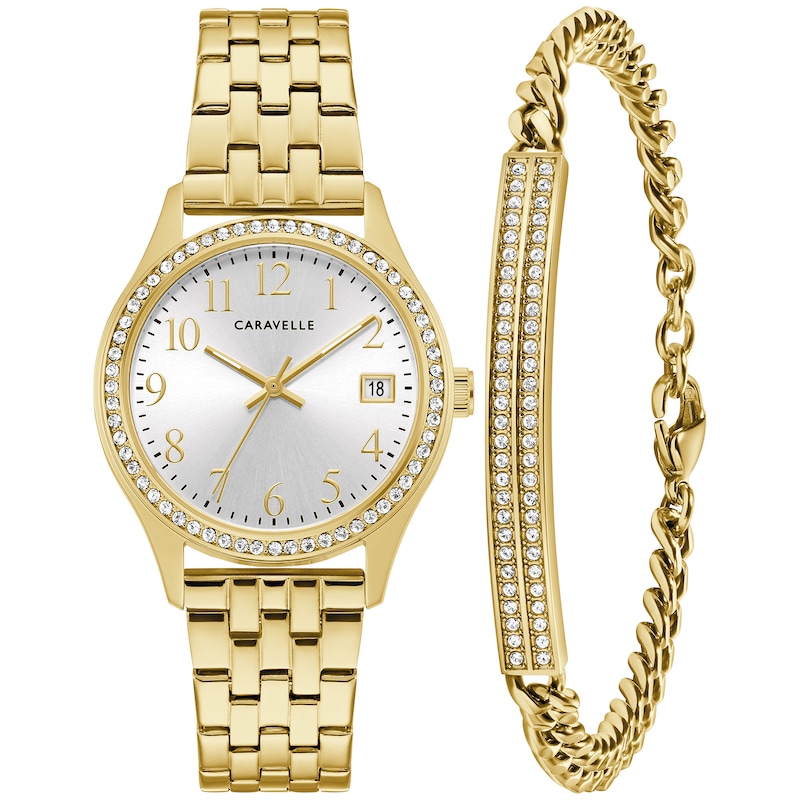 Ladies' Caravelle by Bulova Crystal Accent Gold-Tone Watch and Bracelet Box Set (Model: 44X101)