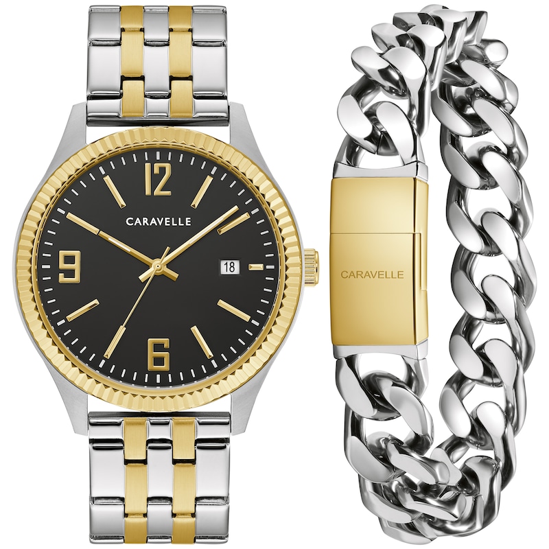 Men's Caravelle by Bulova Two-Tone Watch with Black Dial and Bracelet Box Set (Model: 45K000)