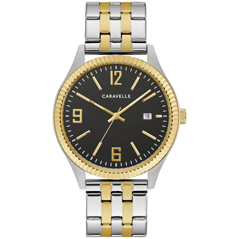 Men's Caravelle by Bulova Two-Tone Watch with Black Dial and Bracelet Box Set (Model: 45K000)