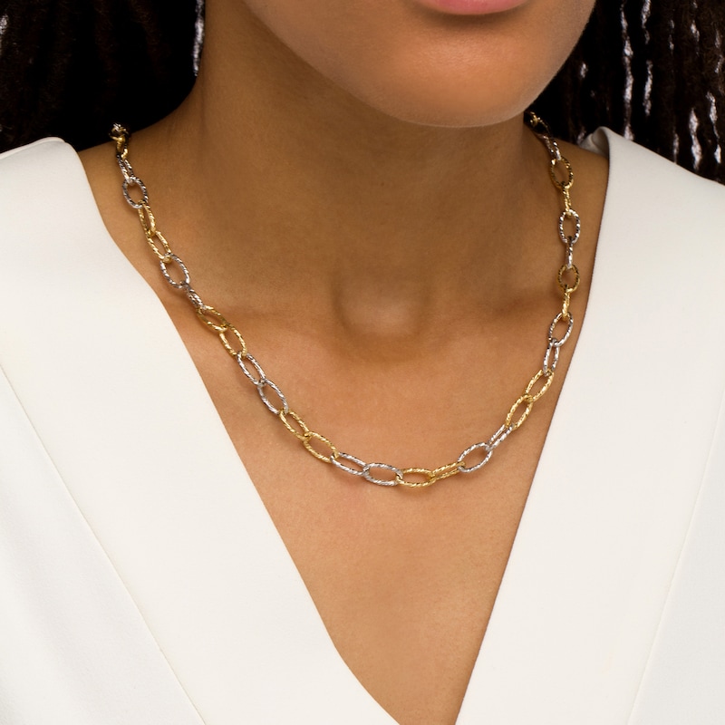 Main Image 2 of Oro Diamante™ Alternating Diamond-Cut Paper Clip Link Chain Necklace in Hollow 14K Two-Tone Gold – 18.25&quot;