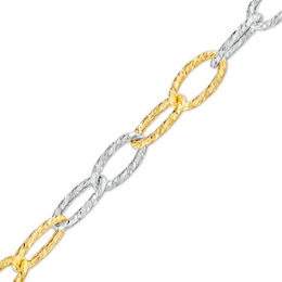 Oro Diamante™ 6.5mm Alternating Diamond-Cut Paper Clip Link Chain Bracelet in Hollow 14K Two-Tone Gold – 7.5&quot;